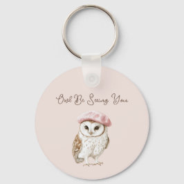 Pink Beret Brown White Owl Be Seeing You Nyckelring