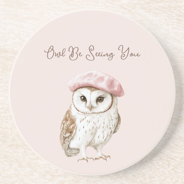 Pink Beret Brown White Owl Be Seeing You Underlägg (Framsidan)