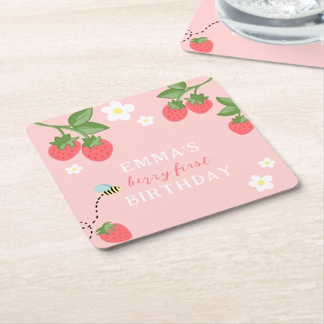 Pink Berry First Girls Strawberry 1st Birthday Underlägg Papper Kvadrat (Vinklad)