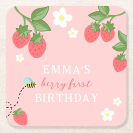 Pink Berry First Girls Strawberry 1st Birthday Underlägg Papper Kvadrat
