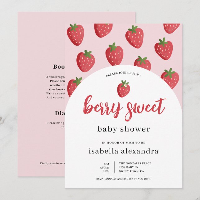 Pink Berry Sweet Strawberry Baby Shower Inbjudningar (Fram/baksida)