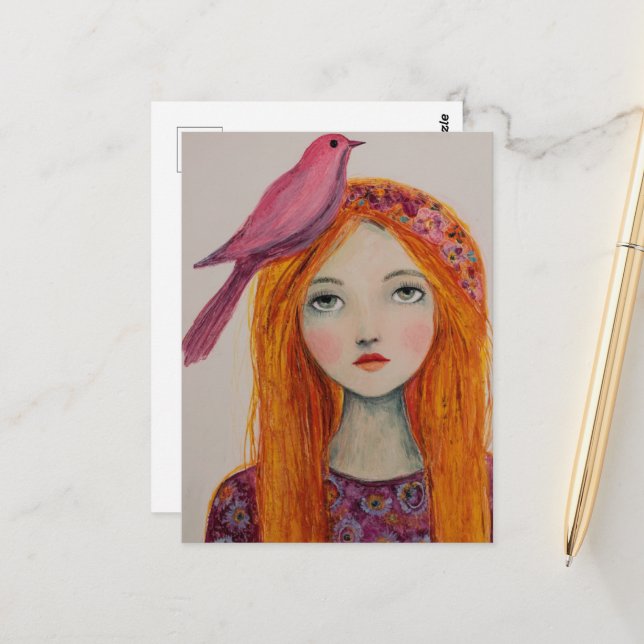 Pink Bird in her Hair Vykort (Fram/Back In Situ)