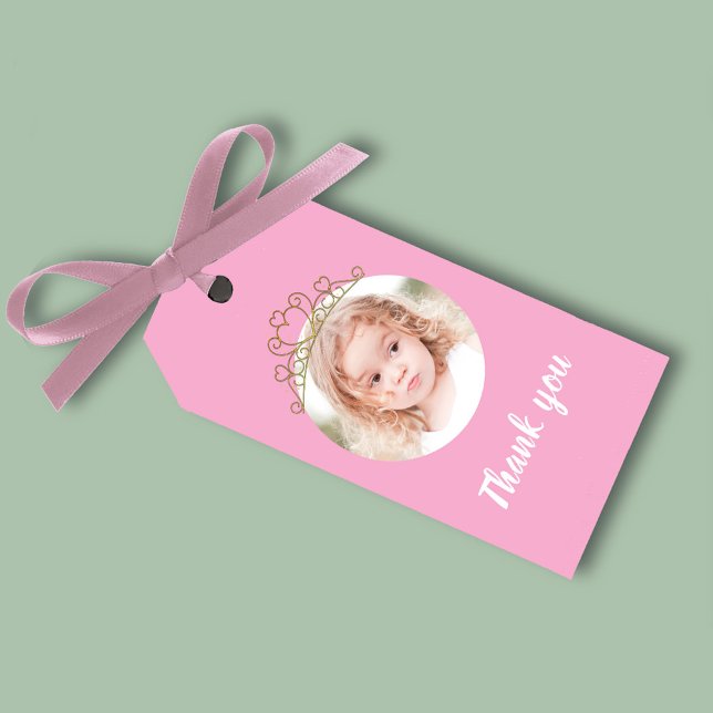 Pink Birthday Girl Princess Tiara Photo  Presentetikett (Pink birthday party favor gift tag.)