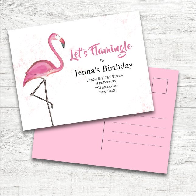Pink Birthday Party Cute Flamingo Custom Vykort (Pink Flamingo "Let's Flamingle" Birthday Party Invitation Postcard Template.)