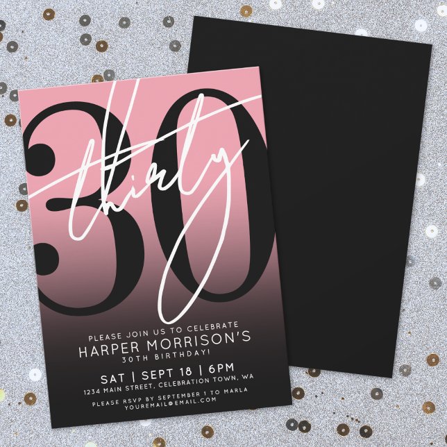 Pink Black 30-års födelsedagsfest inbjudan (Pink Black 30th Birthday Party Invitation)