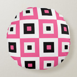 Pink Black and White Checkered Squares Pattern Rund Kudde