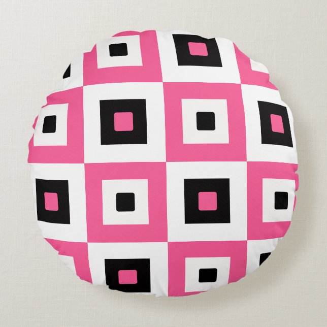 Pink Black and White Checkered Squares Pattern Rund Kudde (Framsidan)