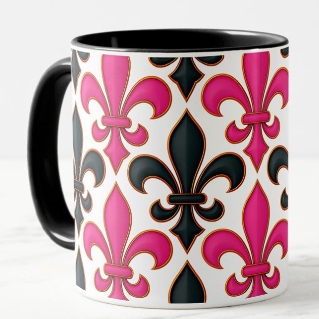 Pink Black Baroque Fleur-de-lis Pattern Design  Mugg (Skapare uppladdad)