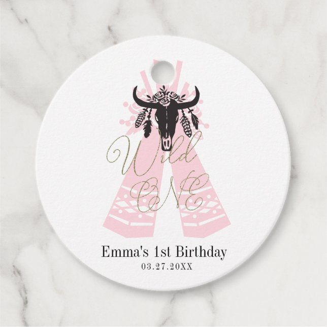 Pink & Black Boho Wild ONE Flickas Födelsedagsfest Gåvor Etiketter (Framsida)