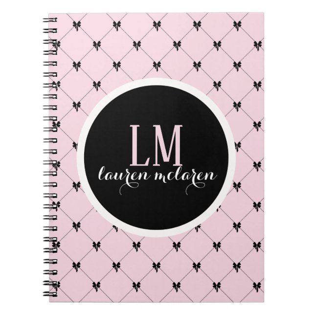 Pink & Black Bow Monogram Notebook Anteckningsbok (Framsidan)