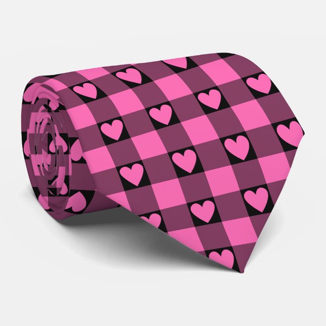 Pink Black Buffalo Heart Plaid Neck Tie Slips (Rullad)