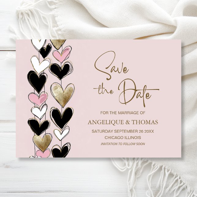 Pink Black Gold Hearts Wedding Save the Date Spara Datumet (Skapare uppladdad)