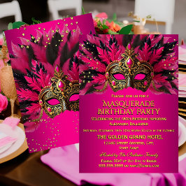 Pink Black Gold Masks Masquerade Birthday Party Inbjudningar