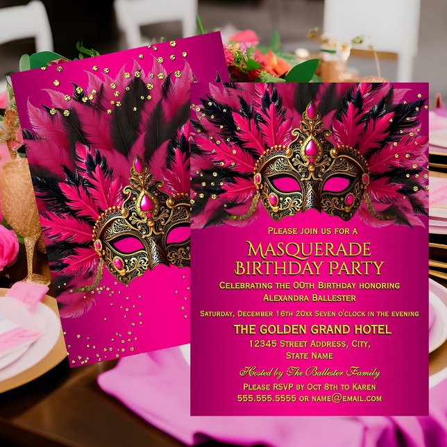 Pink Black Gold Masks Masquerade Birthday Party Inbjudningar (Skapare uppladdad)