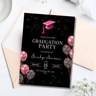 Pink Black Graduation Party Girly Balloons Grad Inbjudningar
