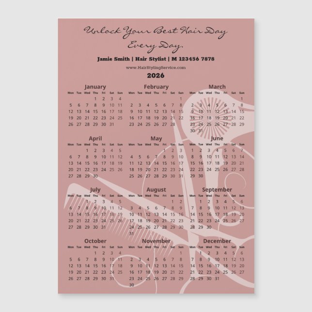 Pink Black Hair Stylist Tools 2026 Calendar Magnet (Framsida)