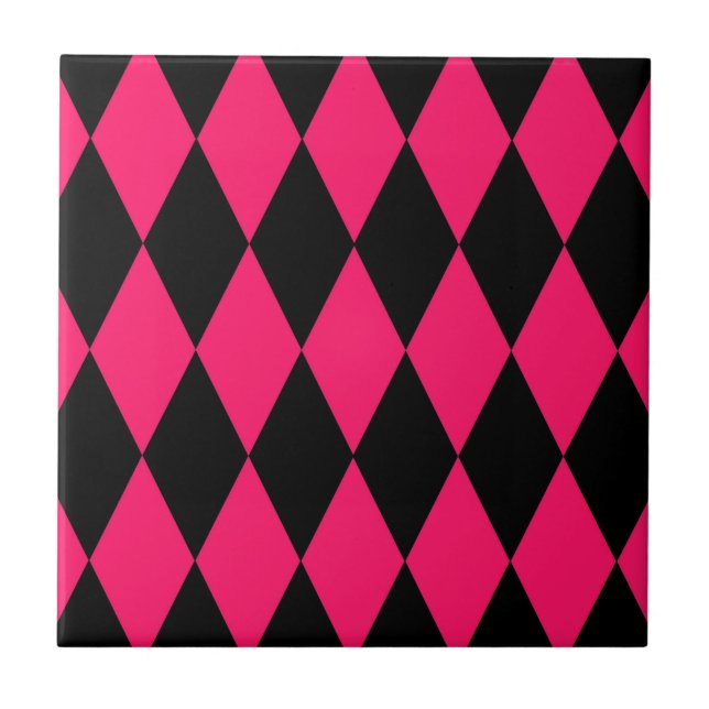 Pink Black Harlequin Diamonds Checkers Design  Kakelplatta (Framsidan)