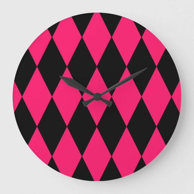 Pink Black Harlequin Diamonds Checkers Design  Stor Klocka (Framsida)