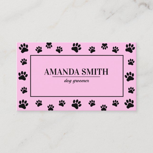 Pink & Black Paw Prints Dog Groomer Business Card Visitkort (Framsida)