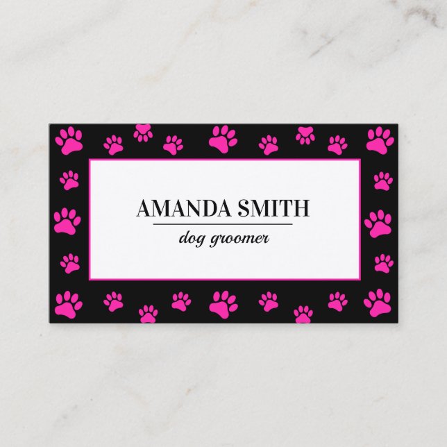 Pink & Black Paw Prints Dog Groomer Business Card Visitkort (Framsida)