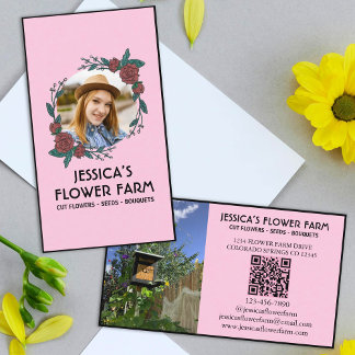 Pink & Black QR Code Professional 2 Photo Floral Visitkort