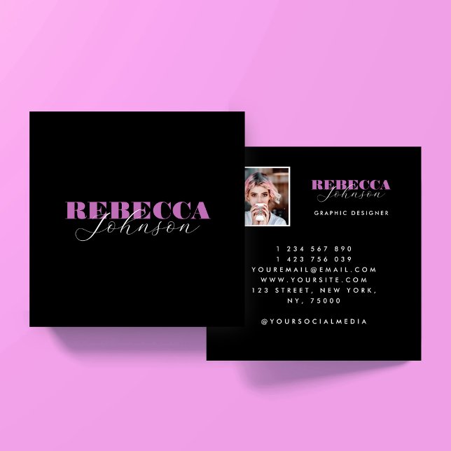 Pink & Black Script Photo Square Business Card Fyrkantigt Visitkort (Skapare uppladdad)