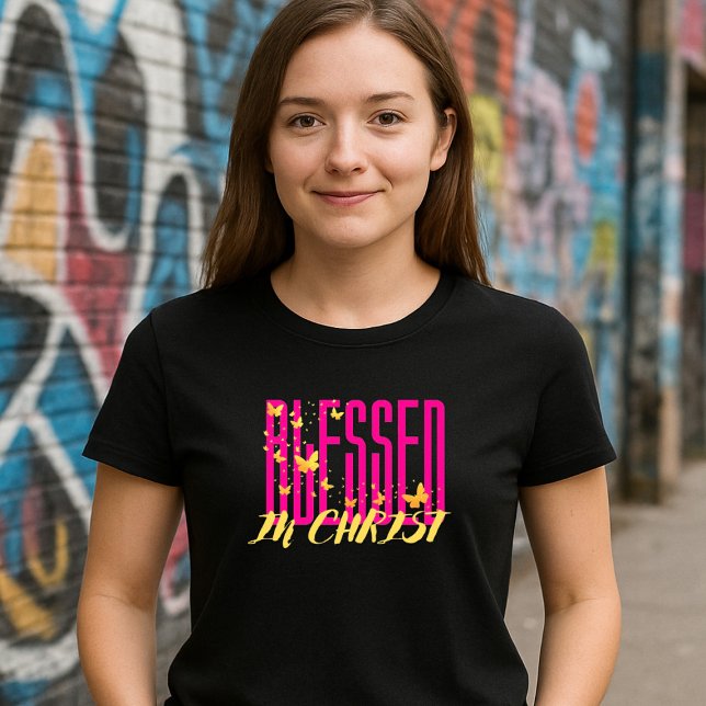 Pink Blessed In Christ - Butterflies T Shirt (Skapare uppladdad)
