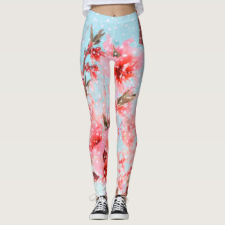 Pink blossom and flying petals (or snow?) leggings