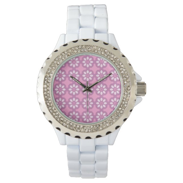 Pink Blossom Retro Tile Pattern Armbandsur (Framsida)