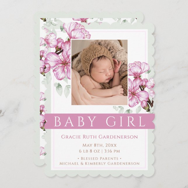 Pink Blossoms Baby Girl  Announcement Meddelande (Fram/baksida)