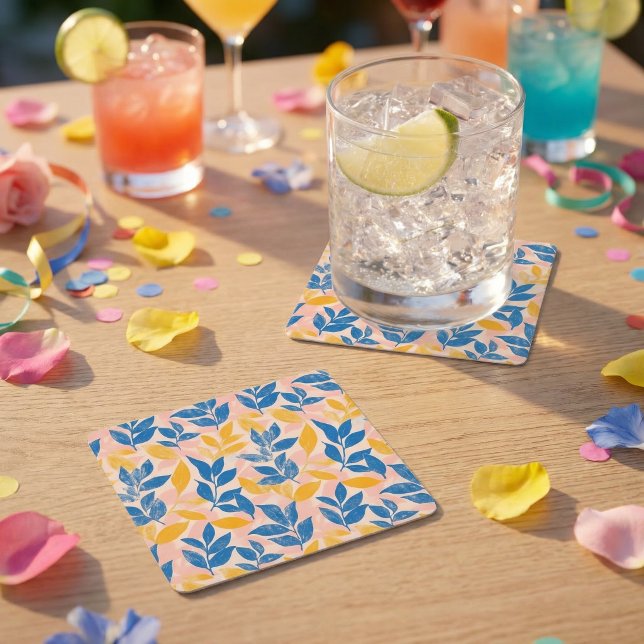 Pink, Blue, and Yellow Lithograph Floral Wedding Underlägg Papper Kvadrat (Pink, Blue, and Yellow Lithograph Floral Wedding Square Paper Coaster)