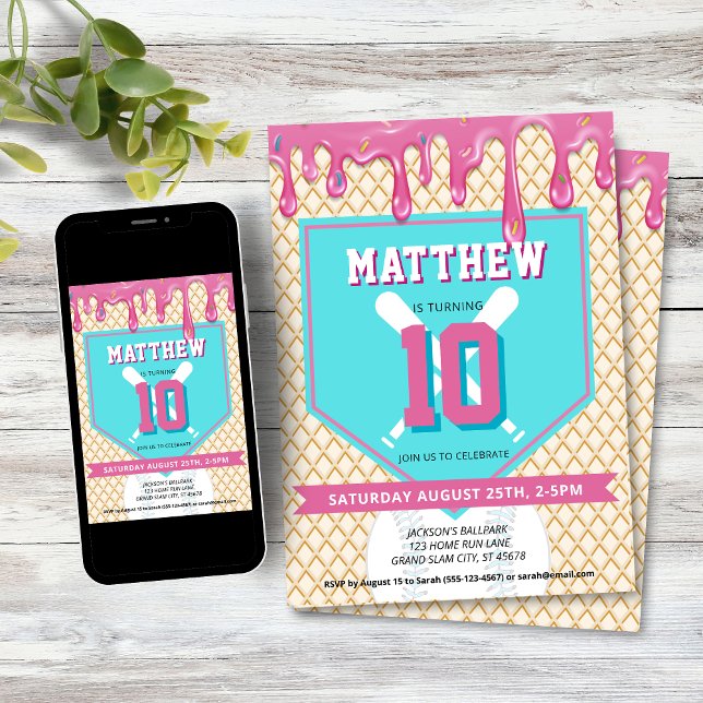 Pink Blue Baseball Drip Birthday Party Any Age Inbjudningar (Baseball Drip Birthday Party Invitation)