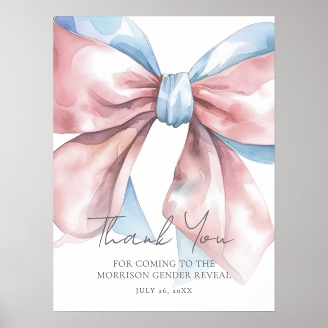 Pink Blue Bow Gender Reveal Thank You Sign Poster (Framsidan)