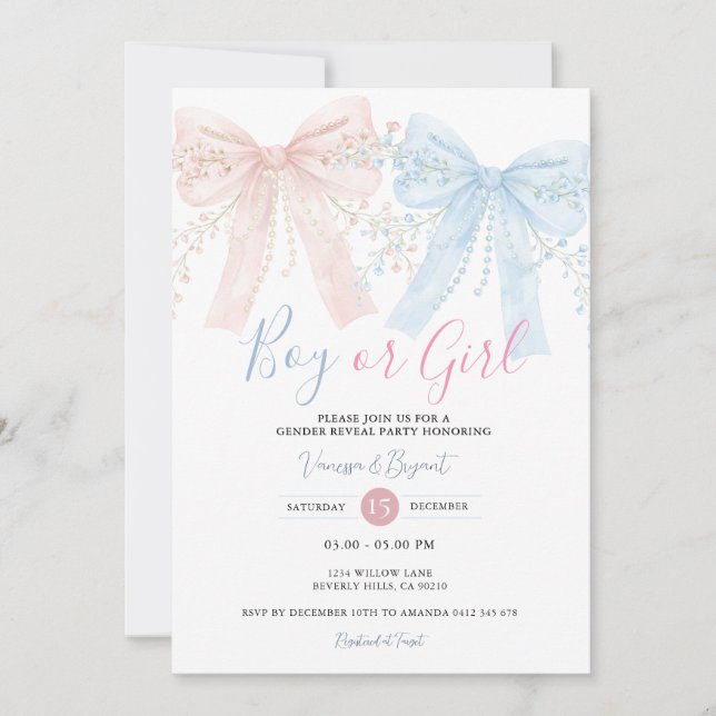 Pink & Blue Bow Watercolor Reveal Party Inbjudningar (Framsida)