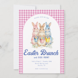Pink Blue Floral Bunny Watercolor Gingham Easter Inbjudningar