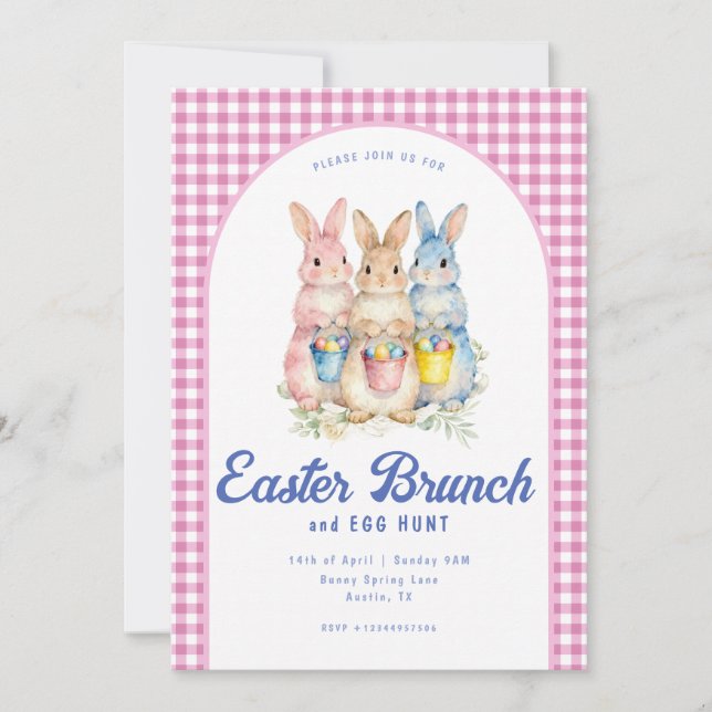 Pink Blue Floral Bunny Watercolor Gingham Easter Inbjudningar (Framsida)