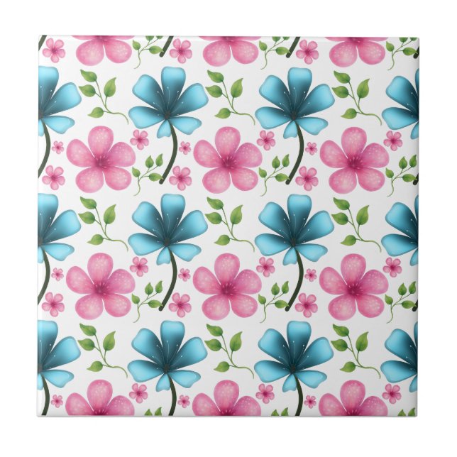 Pink & Blue Floral Seamless Pattern Kakelplatta (Framsidan)
