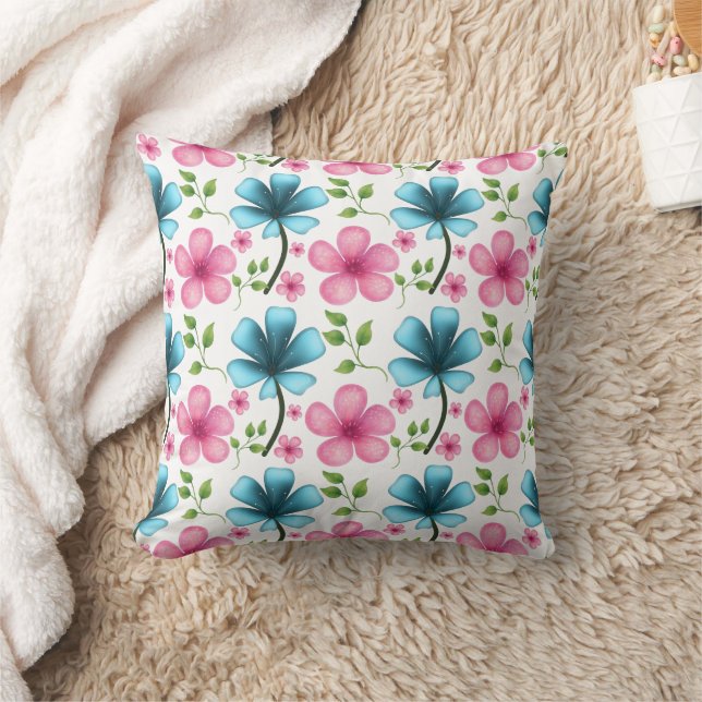 Pink & Blue Floral Seamless Pattern Kudde (Filt)