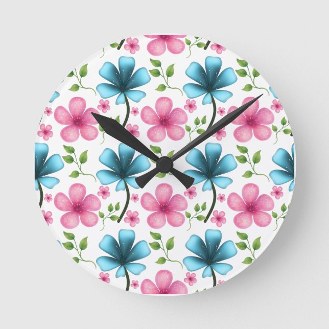 Pink & Blue Floral Seamless Pattern Rund Klocka (Framsida)