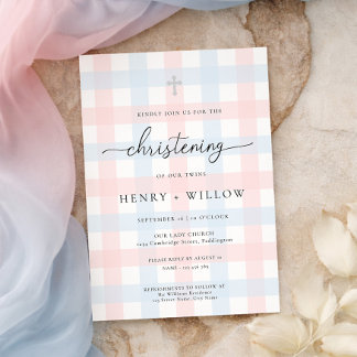Pink Blue Gingham Christening Inbjudningar