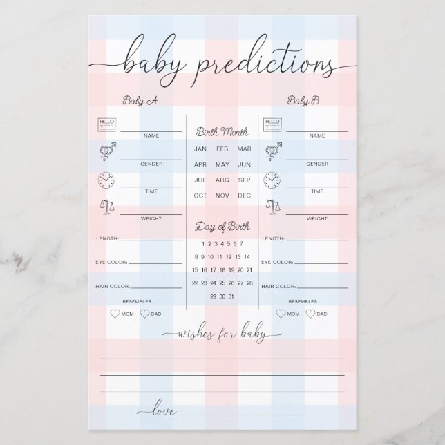Pink Blue Gingham Twins Baby Predictions Game (Framsida)