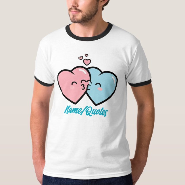 Pink & Blue Hearts Kiss T Shirt (Framsida)