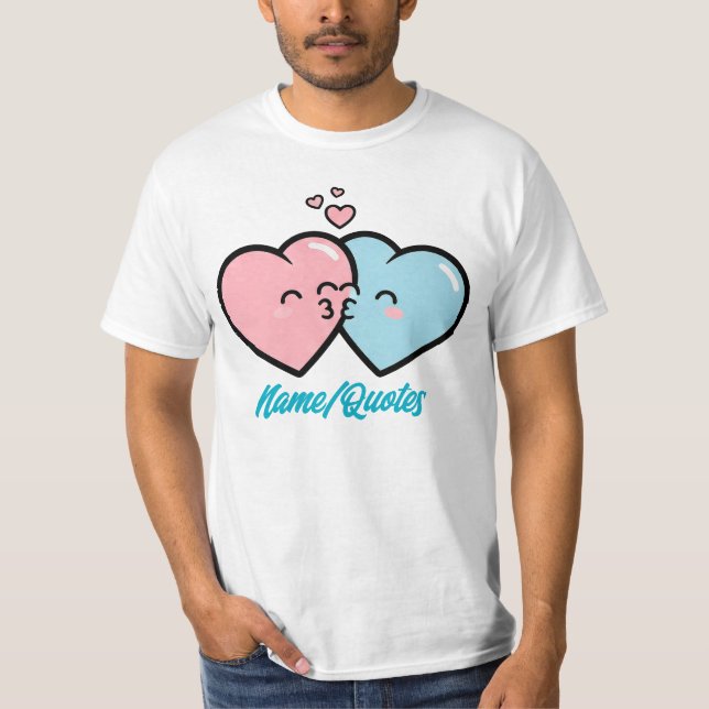 Pink & Blue Hearts Kiss T Shirt (Framsida)