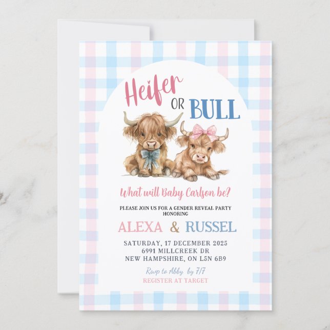 Pink Blue Heifer Bull Gender Reveal Invitation Inbjudningar (Framsida)