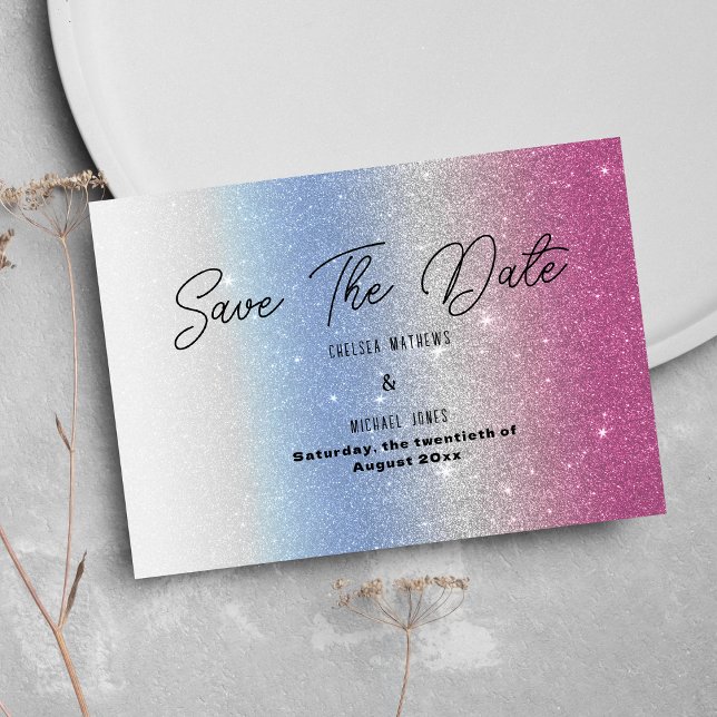 Pink blue silver ombre glam glitter Save The Date  Spara Datumet (Pink blue silver ombre glam glitter Save The Date )