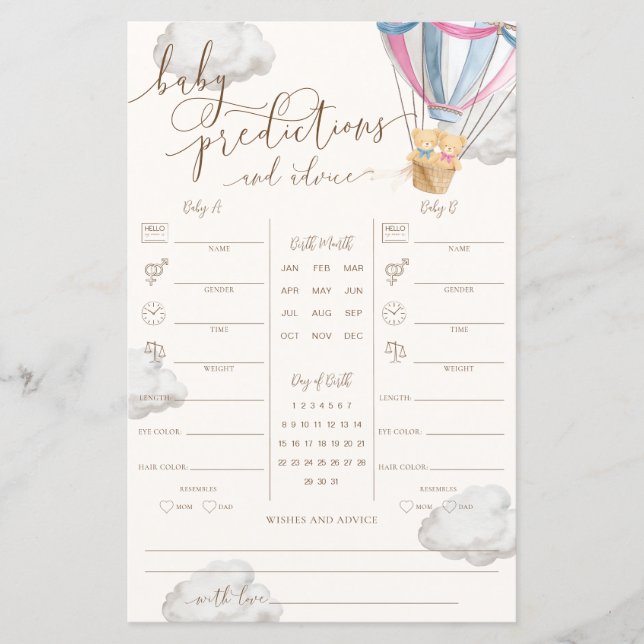 Pink Blue Teddy Bear Twins Baby Predictions Game (Framsida)