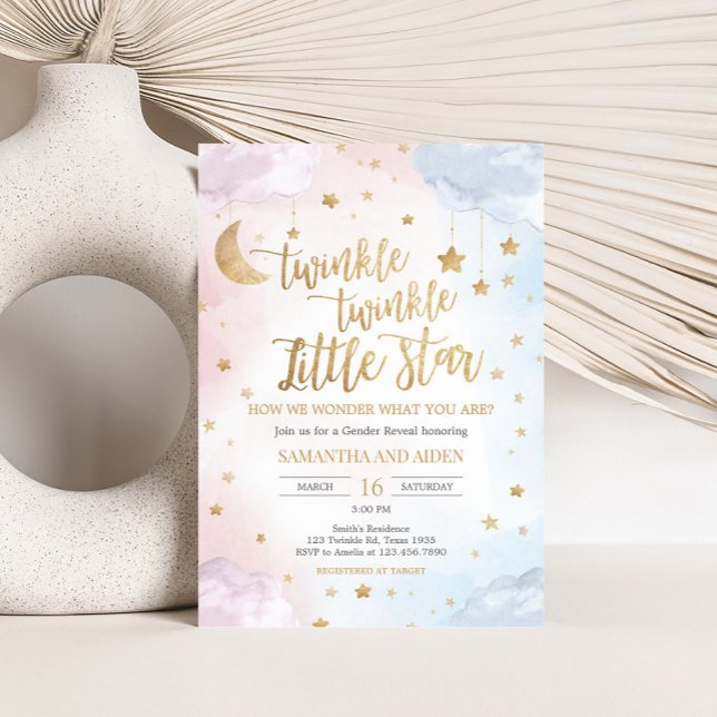 Pink Blue Twinkle Little Star Gender Reveal Inbjudningar (Twinkle Little Star Gender Reveal Invitation)