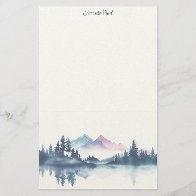 Pink & Blue Watercolor Mountains & Dark Pine Trees Brevpapper (Framsida)