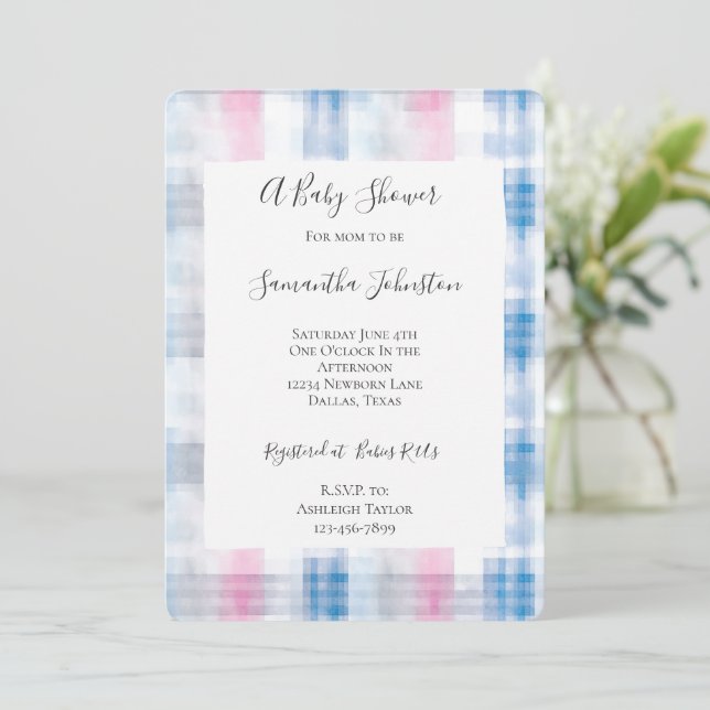 Pink Blue White Plaid Stripes Baby Shower Inbjudningar (Stående Fram)