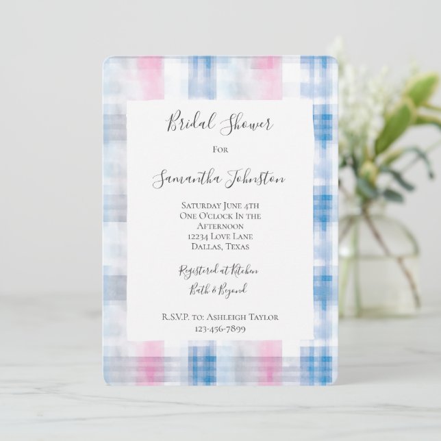 Pink Blue White Plaid Stripes Bridal Shower Inbjudningar (Stående Fram)